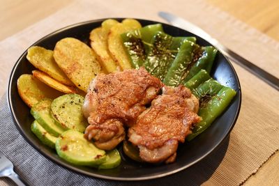 High angle view of food in plate
