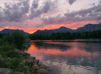 Scenic view of lake against sky during sunset