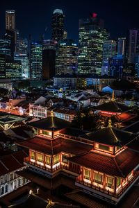 High angle view of illuminated buildings in city at night