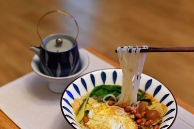 High angle view of food in bowl on table