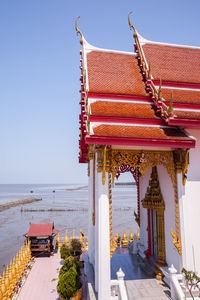 Exterior of temple building against clear sky