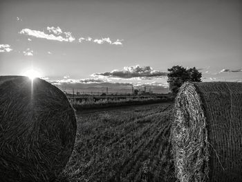 Hay bales on field against sky