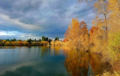 Scenic view of lake against sky during autumn