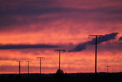 Silhouette electricity pylon on field against romantic sky at sunset