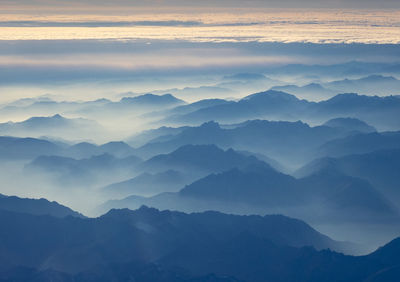 Scenic view of mountains against sky during sunset