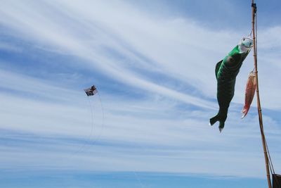 Low angle view of fish hanging in sea against sky