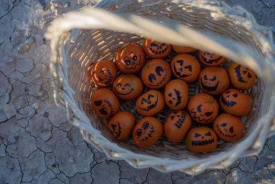 High angle view of eggs in basket