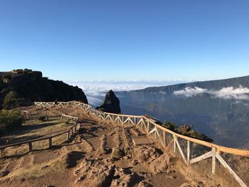 Panoramic view of mountains against clear blue sky