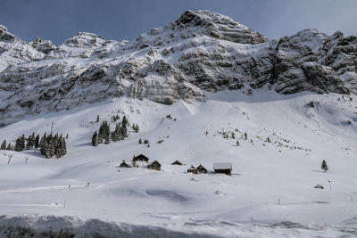 Close-up of snow on mountain against sky