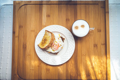 High angle view of breakfast served on table