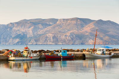 Fishing boats in a harbour near molos village on skyros island, greece