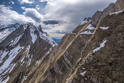 Low angle view of snowcapped mountains against sky