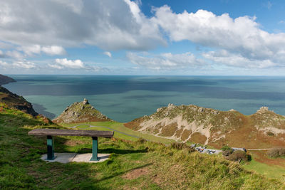 Close up of a bench overlooking the valley of the rocks in exmoor national park