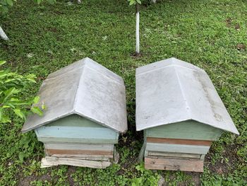 High angle view of stone stack on field