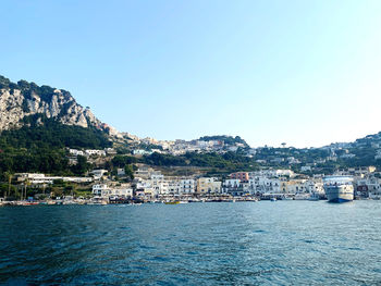 Scenic view of sea against clear blue sky