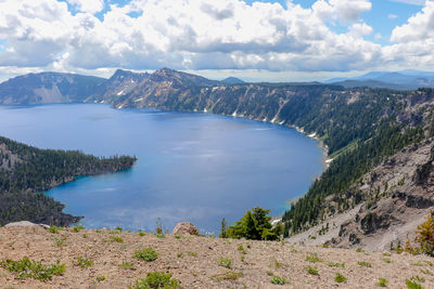 Panoramic view of lake and mountains against sky