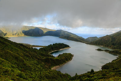 Scenic view of lake and mountains against sky