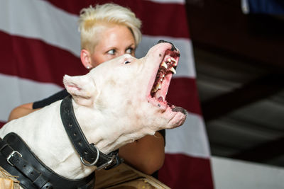 Dog barking while standing with mature woman