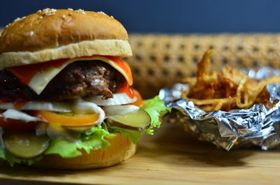 Close-up of burger in plate on table