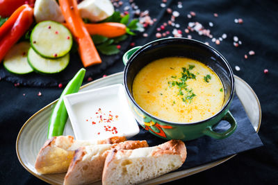 High angle view of breakfast served on table