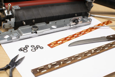 High angle view of equipment on table