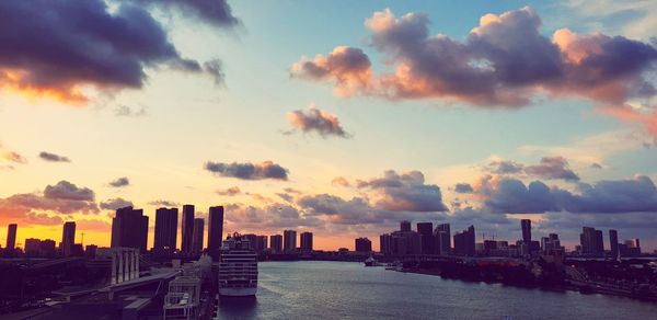 Panoramic view of buildings against cloudy sky