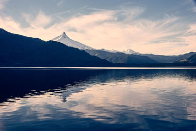 Scenic view of lake by mountains against sky