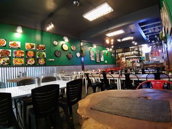 Empty chairs and tables in restaurant