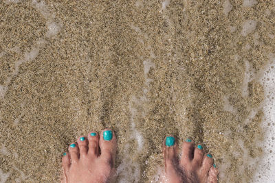 Low section of woman standing on sand at shore