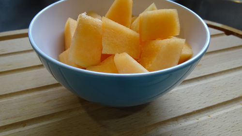 High angle view of fruits in bowl on table