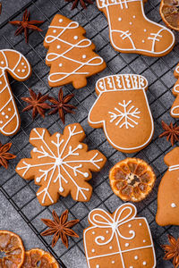 High angle view of christmas decorations on table