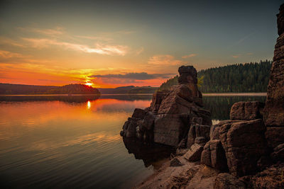 Scenic view of lake against sky during sunset