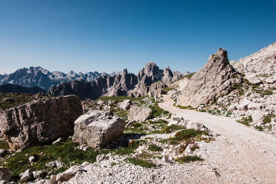 Scenic view of rocky mountains against clear sky