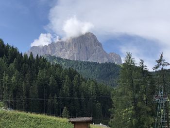 Scenic view of trees and mountains against sky