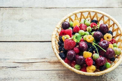 High angle view of strawberries in bowl on table