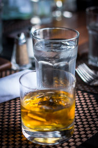 Close-up of tea in glass on table