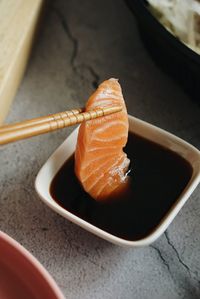 High angle view of meat in bowl