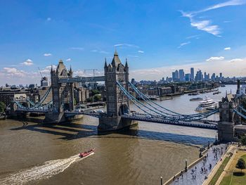 Bridge over river with city in background