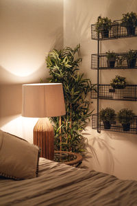 Potted plant on table by bed at home