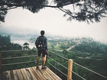 Rear view of man standing on railing against mountain