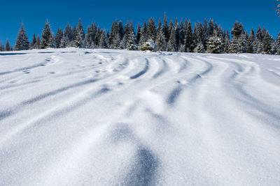 Scenic view of snow covered field against sky