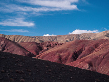 Scenic view of mountains against blue sky