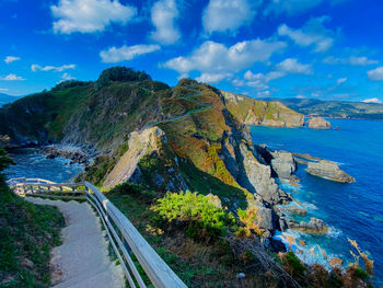 High angle view of sea and mountains against sky