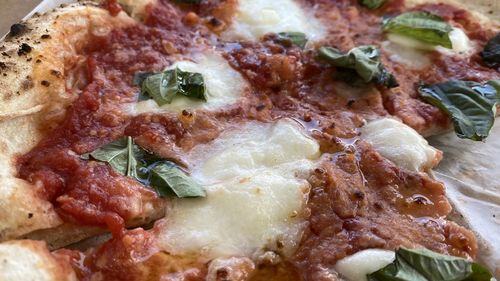 High angle view of pizza on plate