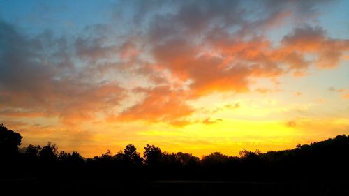 Silhouette trees against dramatic sky during sunset