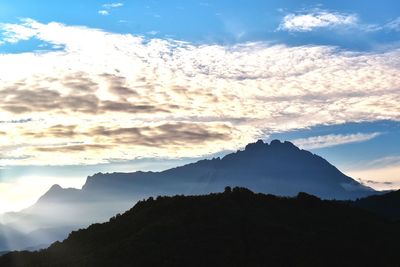 Scenic view of silhouette mountains against sky during sunset