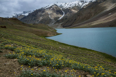 Scenic view of snowcapped mountains against sky