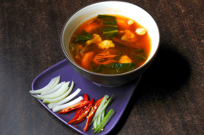High angle view of soup in bowl on table