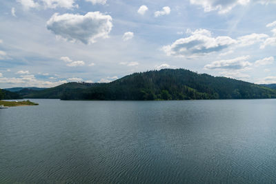 Scenic view of lake by mountains against sky