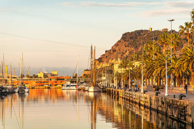 Boats moored at harbor